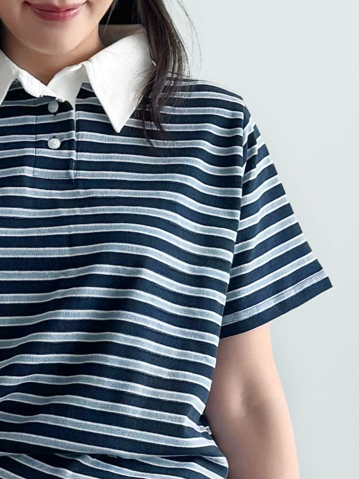 Cute Collar Striped Polo Tee - Dark