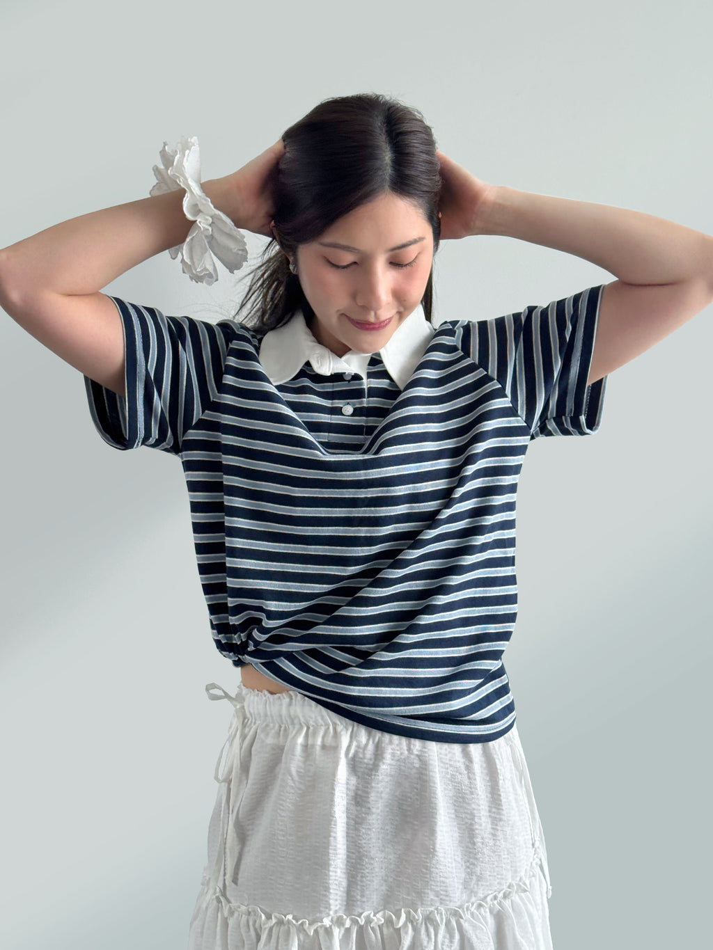 Cute Collar Striped Polo Tee - Dark