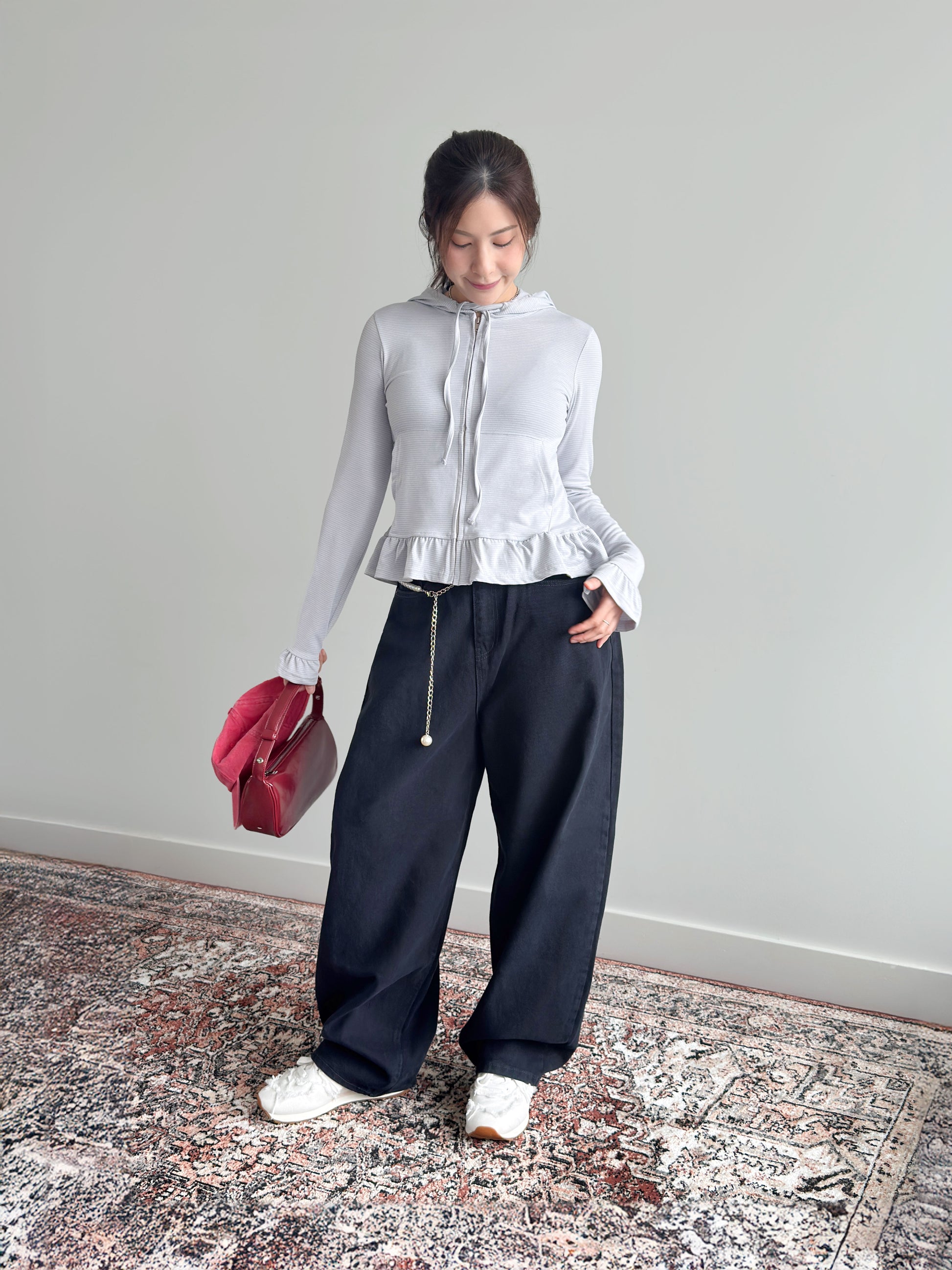 Ruffle Hem Hooded Zip-Up Jacket