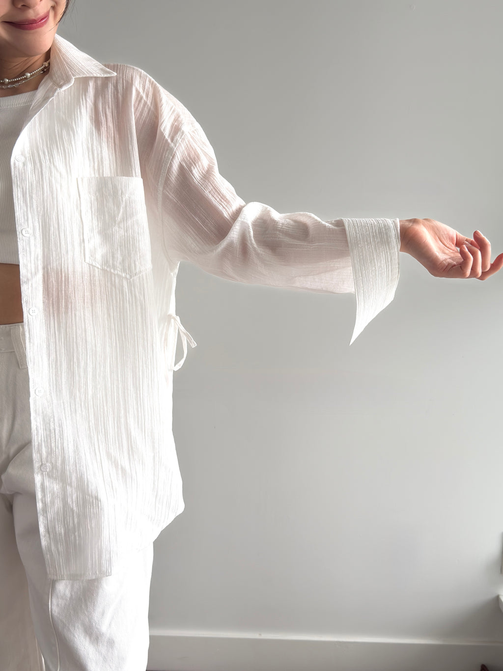 Breezy Textured Shirt with Tie Detail - White