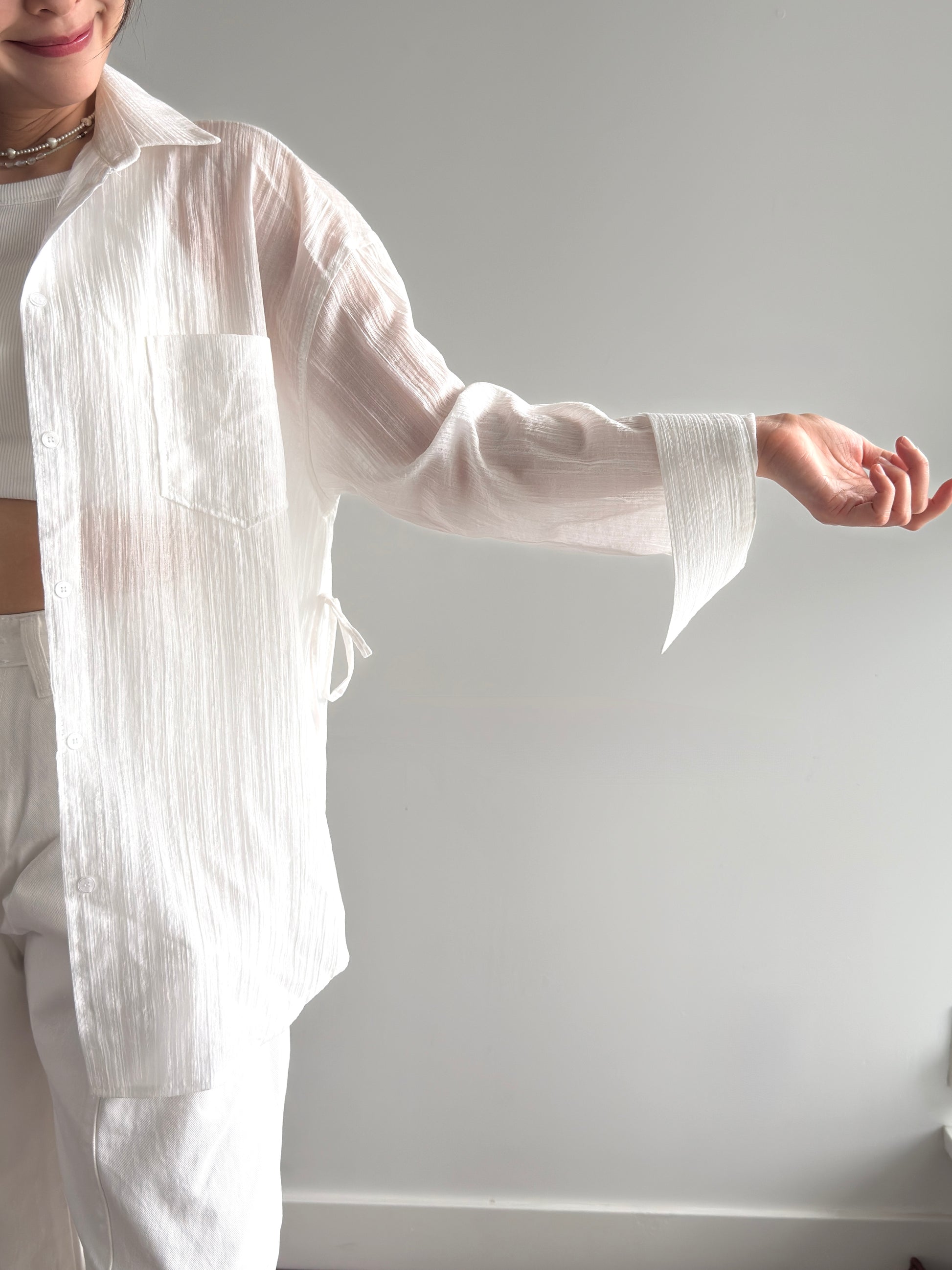 Breezy Textured Shirt with Tie Detail - White