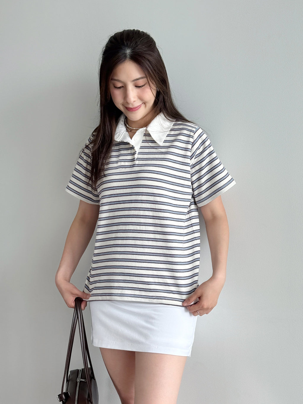 Cute Collar Striped Polo Tee - Light