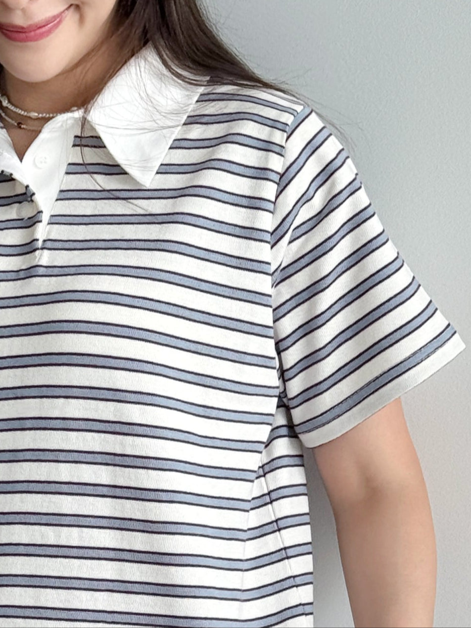 Cute Collar Striped Polo Tee - Light