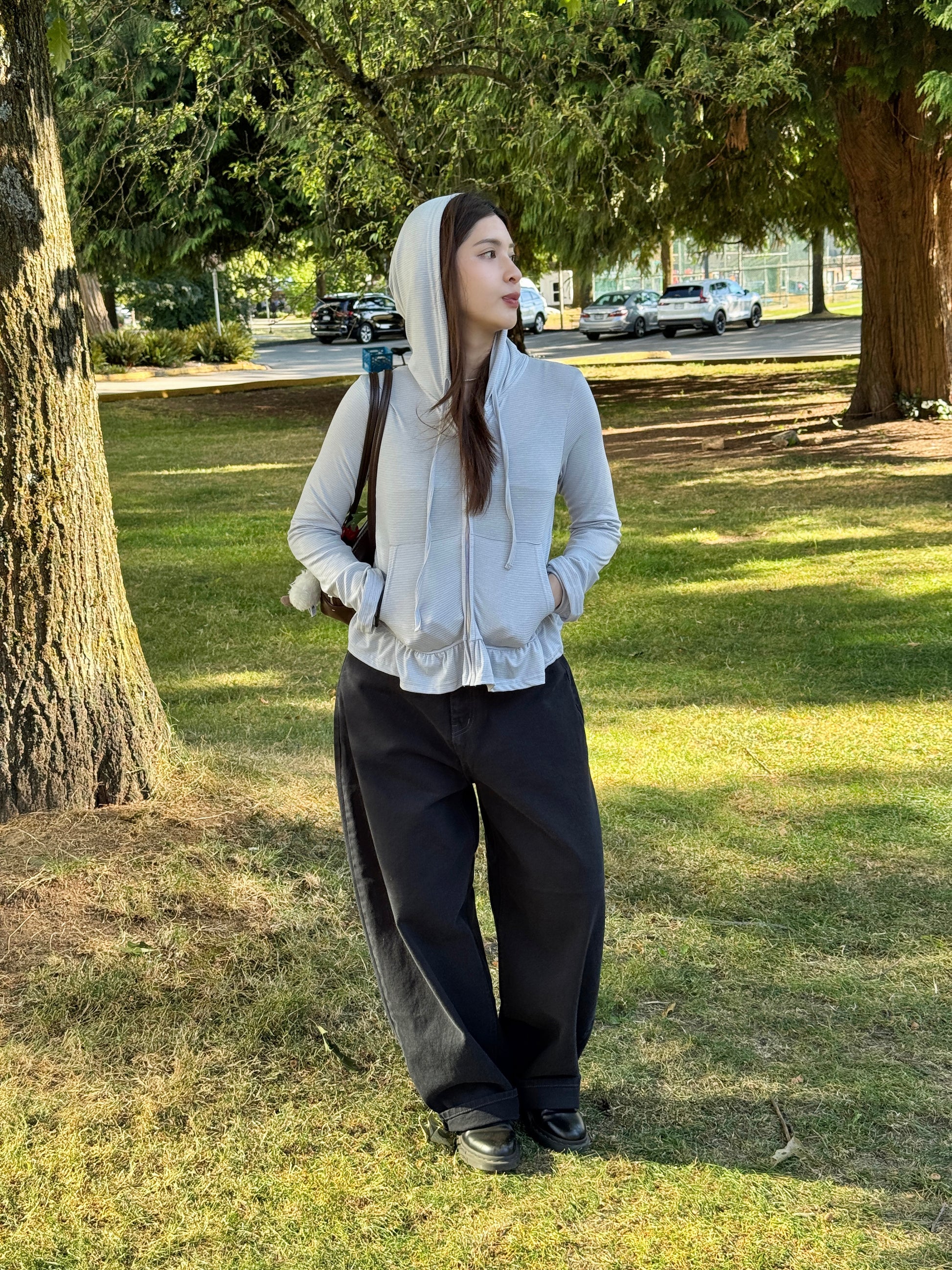 Ruffle Hem Hooded Zip-Up Jacket