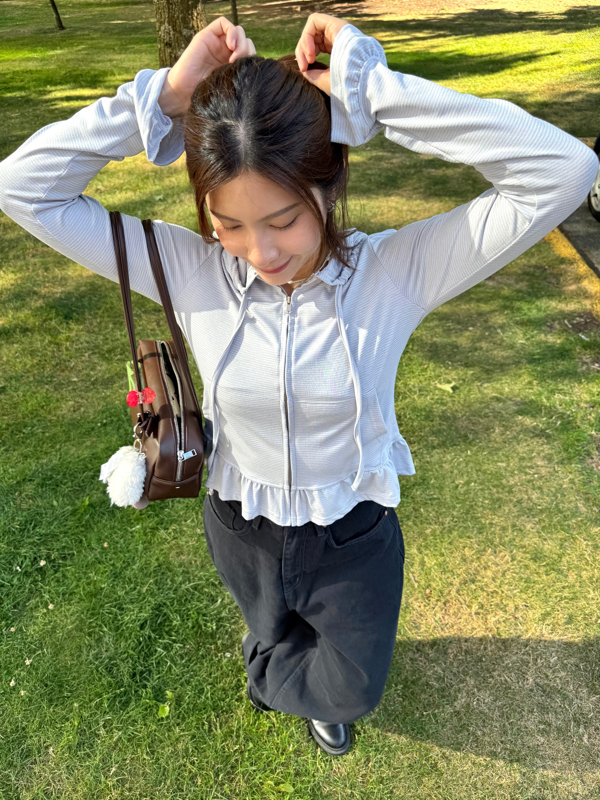 Ruffle Hem Hooded Zip-Up Jacket